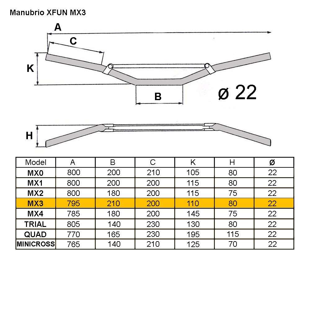 GUIDON MX3 Ø22 AVEC BARRE TRANSVERSALE MOYENNE/HAUTE