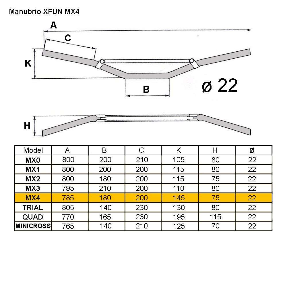Guidon MX4 Ø22 avec traverse haute courbure