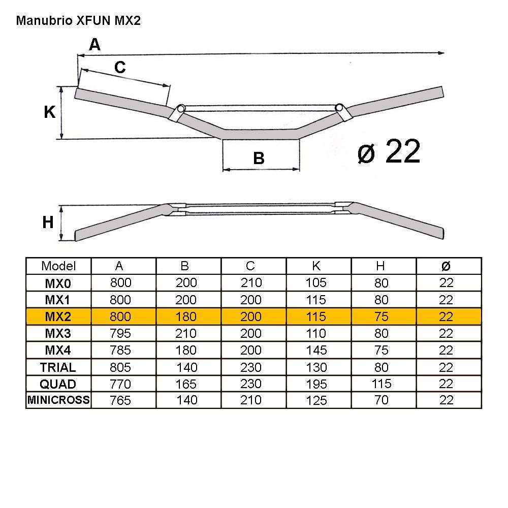 GUIDON MX2 Ø22 AVEC TRAVERSE COUDE MOYENNE
