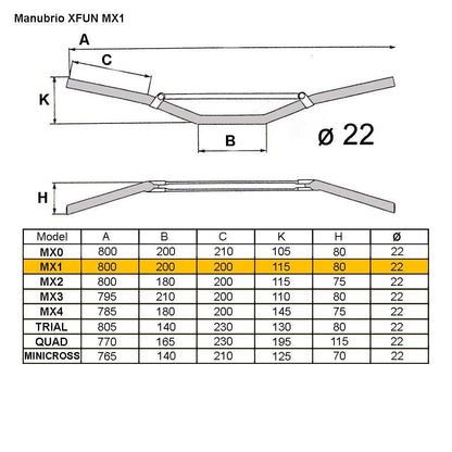 MANUBRIO MX1 Ø22 CON TRAVERSINO PIEGA BASSA