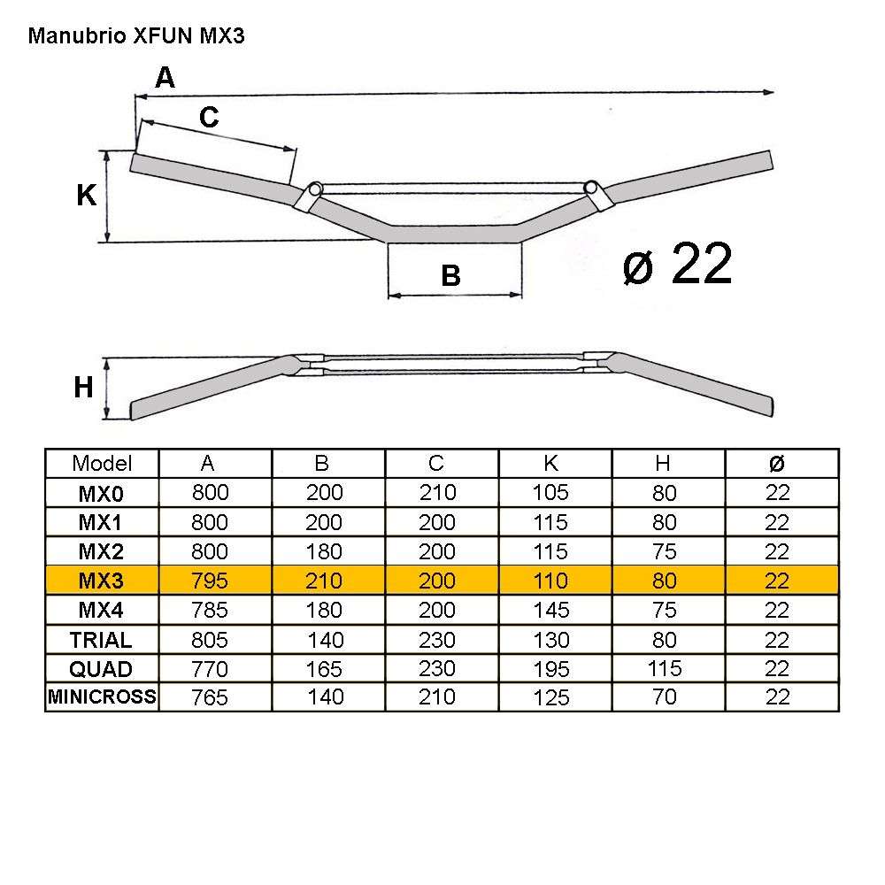 MANUBRIO MX3 Ø22 CON TRAVERSINO PIEGA MEDIO/ALTA