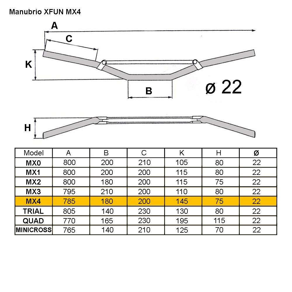 MANUBRIO MX4 Ø22 CON TRAVERSINO PIEGA ALTA