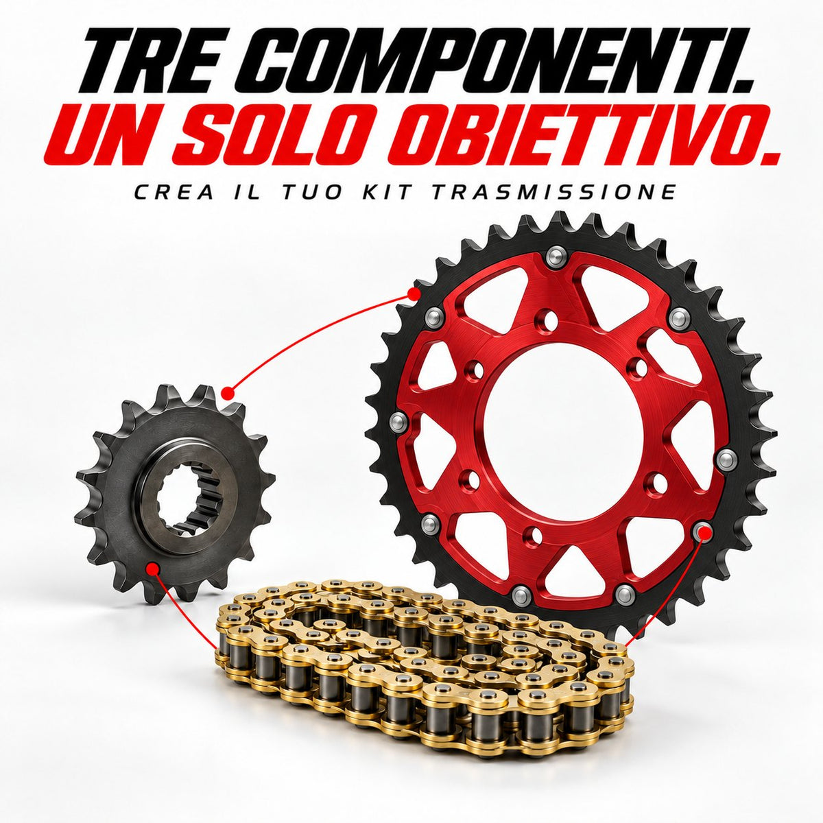 Kit trasmissione XFUN: pignone, corona e catena